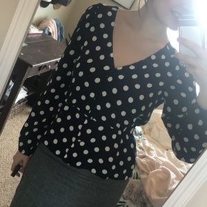 J Crew Peplum Polka Dot Navy Blouse Size 4